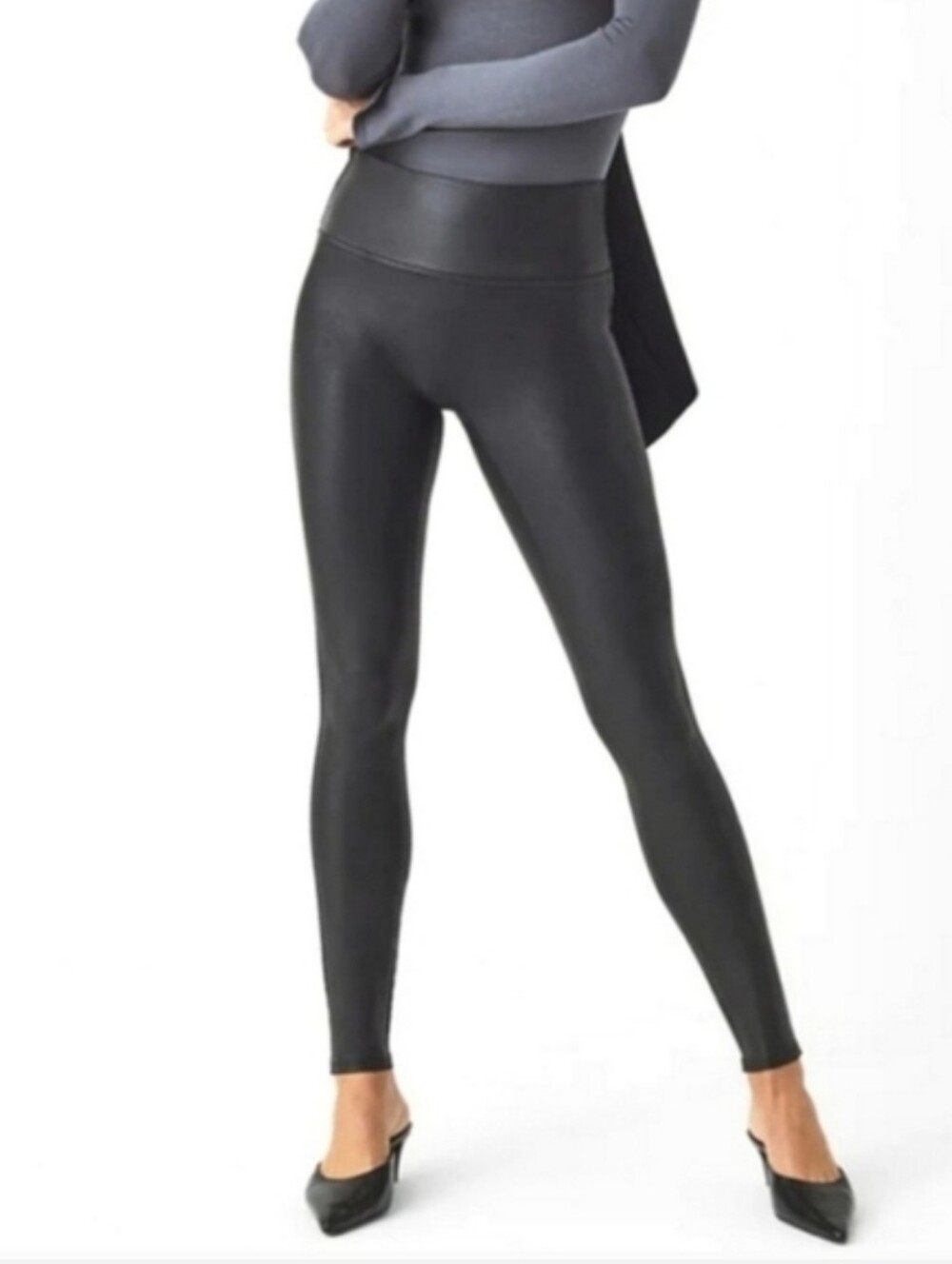 Spanx Black Faux Leather Like Moto Leggings Slimming Shaping Classic M Tall